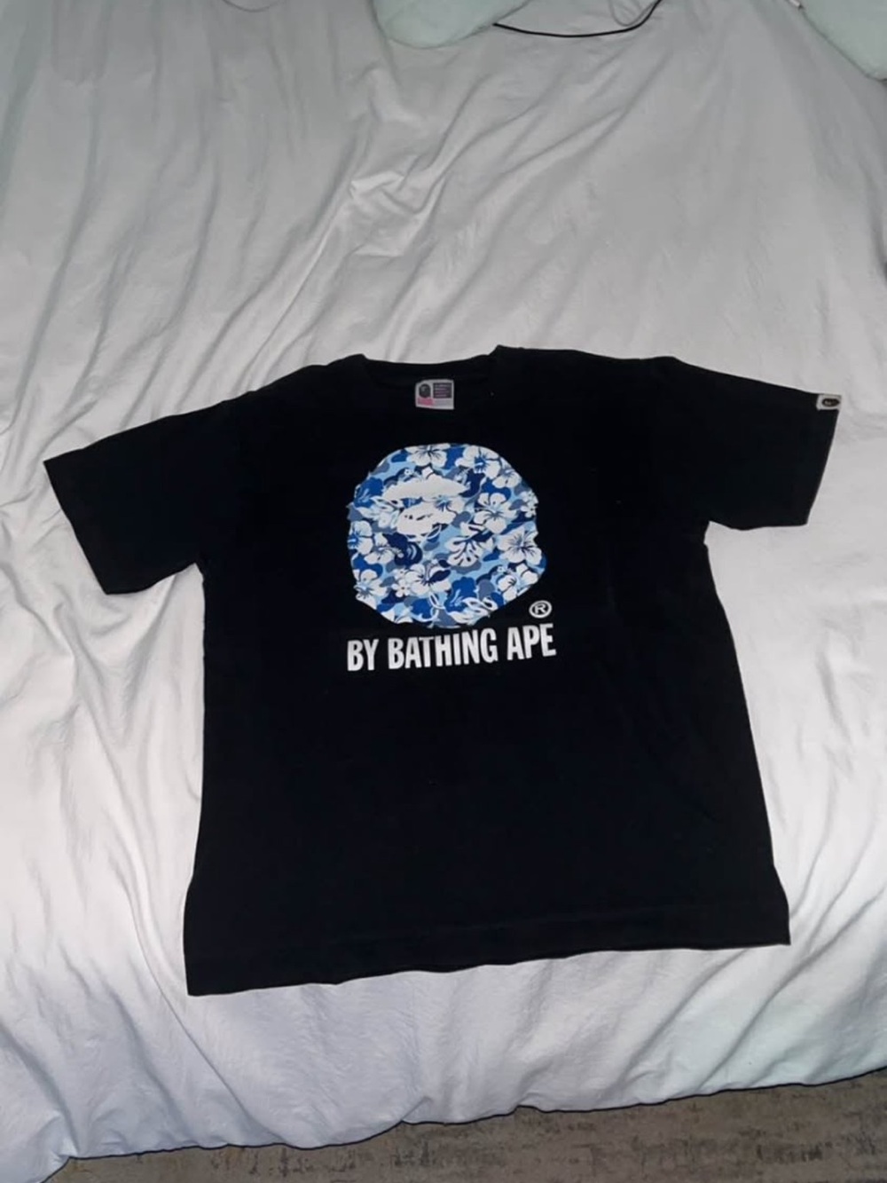 Bape Black Tee with Blue Floral Camo Circle